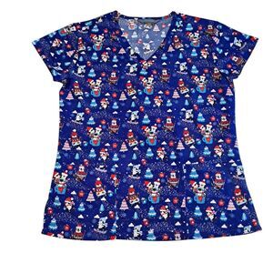Serene Uniforms Women's Scrub Top Size S Christmas Blue Penguin